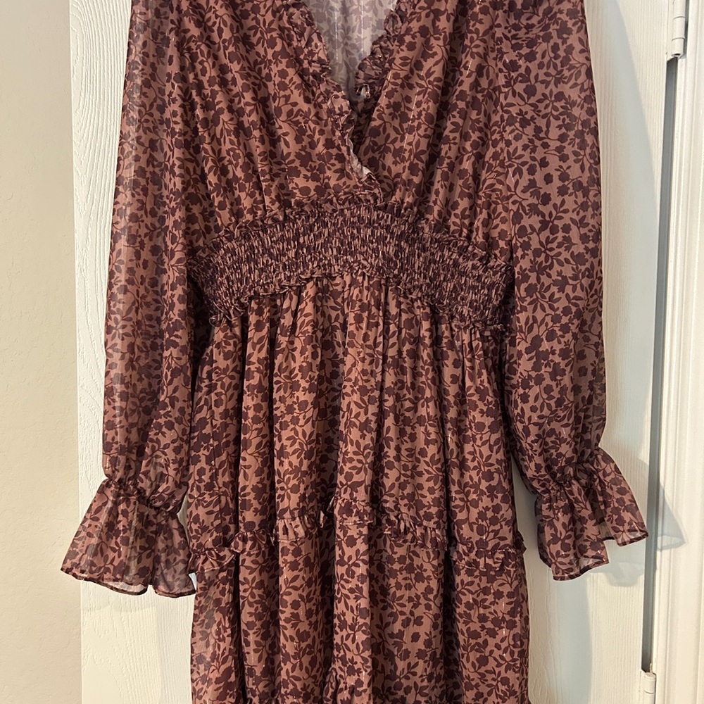 Brown and Orange Smocked Sundress with Bishop Sleeves
